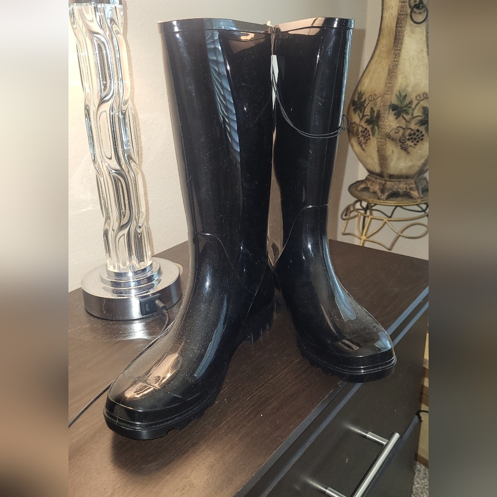Glossy Black Tall Rain Boots